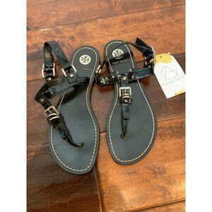 Tory Burch Black Patent Leather Strappy Buckle Thong Sandals, Size 6